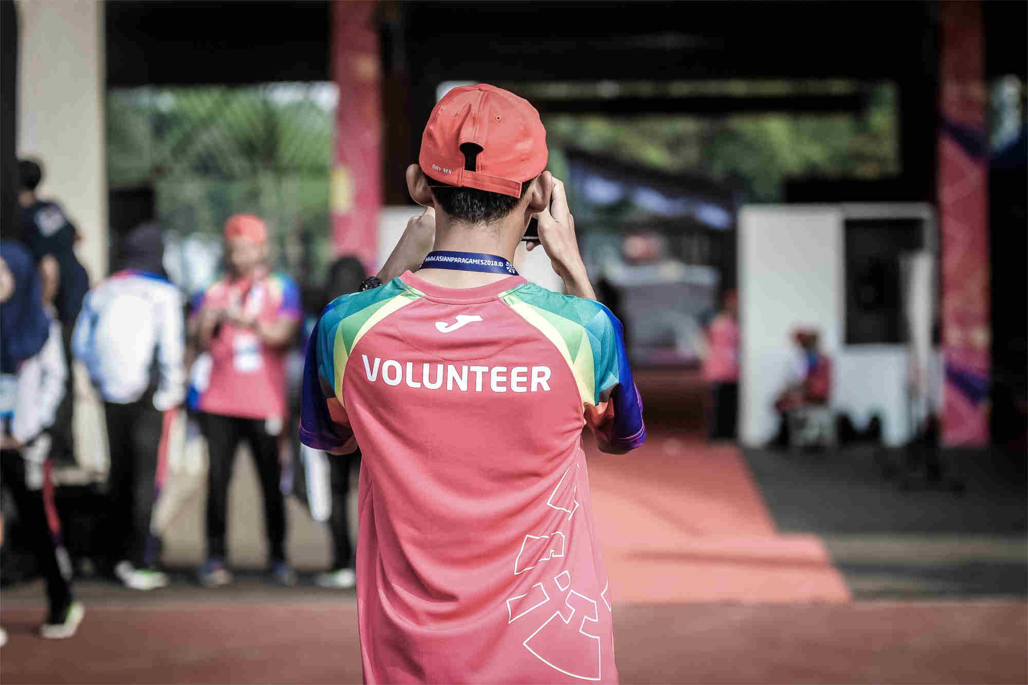 Young person facing away wearing t-shirt with the word volunteer on the back